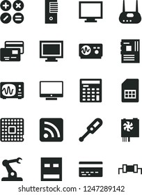 Solid Black Vector Icon Set - monitor vector, window, bank card, rss feed, electronic thermometer e, screen, cards, math actions, processor, assembly robot, SIM, engineer calculator, pc power supply