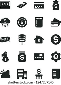 Solid Black Vector Icon Set - bank card vector, buildings, big data server, jam, front of the, dollar, money, cash, cashbox, gold bar, bag hand, rain, coin, mortgage, column, gear, credit, safe