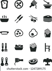 Solid Black Vector Icon Set - plates and spoons vector, a chair for feeding, plastic fork, iron, mini hot dog, spaghetti, noodles, porridge, lettuce in plate, bacon, barbecue, French fries, egg