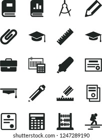 Solid Black Vector Icon Set - briefcase vector, graphite pencil, yardstick, abacus, drawing, calculation, square academic hat, clip, scribed compasses, text highlighter, book on statistics, graduate