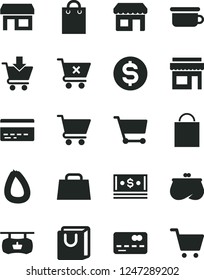 Solid Black Vector Icon Set - paper bag vector, bank card, children's potty, cart, put in, crossed, with handles, stick of sausage, kiosk, stall, antique advertising signboard, front the, dollar