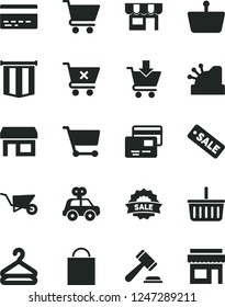 Solid Black Vector Icon Set - paper bag vector, grocery basket, bank card, hammer of a judge, motor vehicle present, building trolley, cart, put in, crossed, cards, kiosk, hanger, stall, shopping