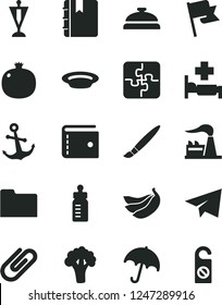 Solid Black Vector Icon Set - tassel vector, purse, paper airplane, feeding bottle, Puzzles, notebook, anchor, umbrella, flag, clip, plate, pomegranate, bananas, broccoli, factory, folder, pennant