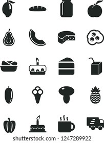 Solid Black Vector Icon Set - packing of juice with a straw vector, cake, cheese, loaf, mushroom, piece, torte, lettuce in plate, cup tea, cone, omelette, ripe peach, slice melon, mango, date fruit