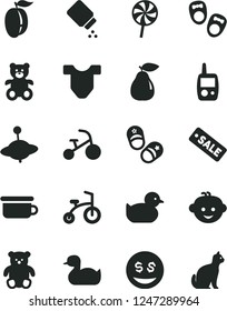 Solid Black Vector Icon Set - baby powder vector, Child T shirt, rubber duck, duckling, toy mobile phone, children's potty, teddy bear, small, hairdo, yule, bicycle, tricycle, lollipop, pear, pets