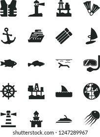 Solid Black Vector Icon Set - anchor vector, small fish, sea port, commercial seaport, lighthouse, coastal, planet, sand castle, beach, flippers, diving mask, handwheel, life vest, jet ski, cruiser