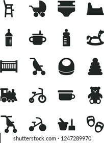 Solid Black Vector Icon Set - baby cot vector, mug for feeding, bottle, measuring, diaper, bib, stroller, summer, sitting, stacking rings, toy sand set, children's potty, chair, a child, train
