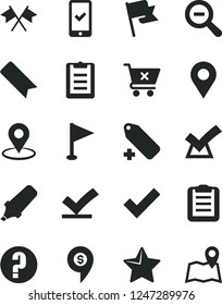 Solid Black Vector Icon Set - bookmark vector, zoom out, check mark, add label, pennant, question, star, flag, crossed cart, location, geolocation, text highlighter, clipboard, cross flags, vote