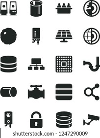 Solid Black Vector Icon Set - sewerage vector, boiler, electronic, lock, big data, cabbage, solar panel, valve, processor, pipe, pipes, court hearing, connections, scheme, pc speaker, earth core
