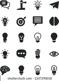 Solid Black Vector Icon Set - image of thought vector, matte light bulb, incandescent lamp, paper airplane, saving, eye, coastal lighthouse, speech, brain, target, dialog, idea