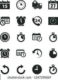 Solid Black Vector Icon Set - daily calendar vector, stopwatch, clock face, alarm, clockwise, counterclockwise, wall, timer, delivery, 24, watch, black, agenda, history, schedule