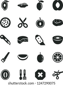 Solid Black Vector Icon Set - scissors vector, mark of injury, iron fork spoons, arm saw, knife, stationery, cheese, pizza, slices onion, piece meat, half mango, peach, melon, cherry, passion fruit