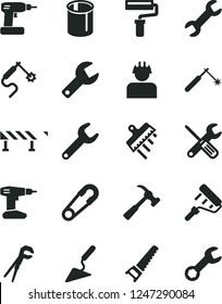 Solid Black Vector Icon Set - paint roller vector, repair key, safety pin, building trowel, small tools, adjustable wrench, cordless drill, hand saw, spatula, road fence, hammer with claw, builder