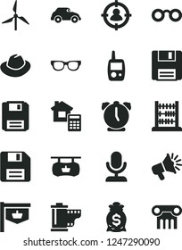 Solid Black Vector Icon Set - floppy disk vector, hat, camera roll, toy mobile phone, abacus, estimate, alarm clock, windmill, retro car, vintage sign, antique advertising signboard, man in sight