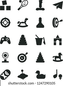Solid Black Vector Icon Set - paper airplane vector, rubber duck, stacking rings, toy, tumbler, children's sand set, yule, rocking horse, small, cubes for children, box of bricks, joystick, cup, aim
