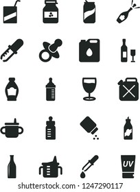 Solid Black Vector Icon Set - dummy vector, mug for feeding, measuring cup, bottle, baby powder, e, glass, soda can, jar of jam, liquor, canister, oil, pipette, wine, champagne, uv cream