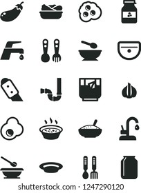 Solid Black Vector Icon Set - deep plate with a spoon vector, plates and spoons, plastic fork, iron, sink, siphon, knife, faucet mixer, kitchen, bowl of rice porridge, in saucepan, lettuce, omelette