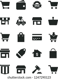 Solid Black Vector Icon Set - paper bag vector, bank card, hammer of a judge, motor vehicle present, cart, put in, kiosk, label, stall, shopping, basket, wallet, sale, pennant flag, mortgage, store