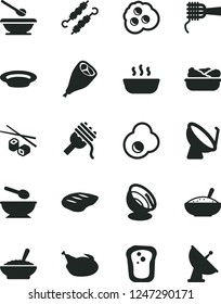 Solid Black Vector Icon Set - deep plate with a spoon vector, plates and spoons, spaghetti, noodles, bowl of buckwheat porridge, rice, hot, lettuce in, chicken, grill leg, chop, meat on skewers