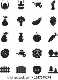 Solid Black Vector Icon Set - garden trolley vector, building, fence, hedge, carrot, strawberries, pear, mint, squash, tasty apple, raspberry, rose hip, plum, physalis, stub, broccoli, eggplant