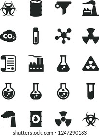 Solid Black Vector Icon Set - round flask vector, manufacture, factory, oil, barrel, industrial building, radiation, carbon dyoxide, water filter, research article, test tube, molecule, nuclear