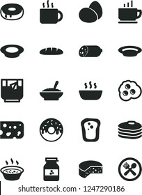 Solid Black Vector Icon Set - coffee vector, sausage, piece of cheese, eggs, loaf, cake with a hole, glazed, bowl buckwheat porridge, in saucepan, hot, plate milk, cup tea, glass, omelette, jar jam