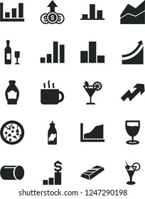 Solid Black Vector Icon Set - growth up vector, bar chart, line, pizza, cup of tea, cocktail, glass, bottle, liquor, pipe, graph, gold, dollar pedestal, wine