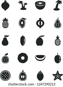 Solid Black Vector Icon Set - a pineapple vector, medlar, half of, mango, loquat, date fruit, passion, kiwi, tamarillo, guawa, piece coconut, slice, ripe guava, part, palm tree, starfish