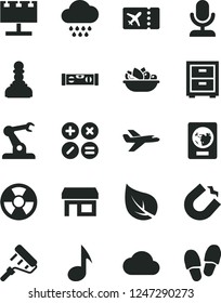 Solid Black Vector Icon Set - bedside table vector, cloud, paint roller, building level, math actions, a plate of fruit, leaf, radiation hazard, horseshoe magnet, assembly robot, stall, note, pawn