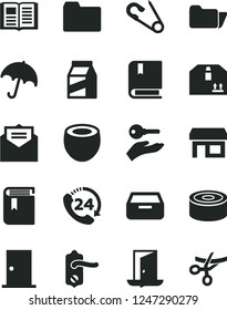 Solid Black Vector Icon Set - folder vector, book, open pin, e, door knob, ntrance, received letter, umbrella, drawer, cardboard box, 24, package, canned goods, half of coconut, stall, arm with key