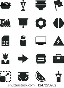 Solid Black Vector Icon Set - danger of electricity vector, right direction, diaper, nappy, powder, portfolio, flag, screen, expand picture, lettuce in a plate, slice water melon, SIM, scanner, king