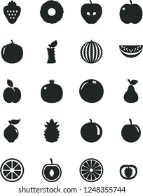 Solid Black Vector Icon Set - strawberry vector, apple, pear, pomegranate, quince, tasty, water melon, slice, tangerine, plum, half cherry, juicy lemon, of orange, ripe pineapple, grapefruit, stub