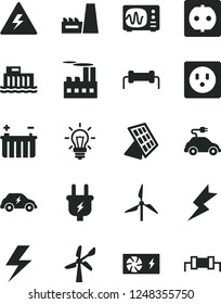 Solid Black Vector Icon Set - lightning vector, danger of electricity, windmill, wind energy, battery, hydroelectric station, plug, power socket, industrial building, thermal plant, electric car