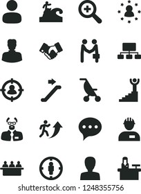 Solid Black Vector Icon Set - zoom vector, woman, summer stroller, workman, speech, court hearing, man, in sight, goal, scheme, handclasp, scientist, arrow up, winner stairway, stars around, surfing