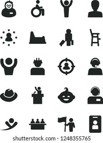 Solid Black Vector Icon Set - woman vector, hat, potty chair, a for feeding child, funny hairdo, operator, builder, court hearing, man in sight, scientist, hands up, hold flag, speaker, stars around