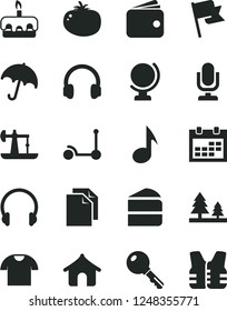 Solid Black Vector Icon Set - desktop microphone vector, calendar, clean paper, Kick scooter, key, headphones, globe, umbrella, flag, T shirt, piece of cake, torte, tomato, oil derrick, forest, note