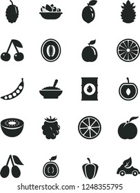 Solid Black Vector Icon Set - A Bowl Of Buckwheat Porridge Vector, Plate Fruit, Cherry, Ripe Peach, Cornels, Blackberry, Mulberry, Half Melon, Kiwi, Sour Lime, Orange, Slice Lemon, Guava, Guawa, Oil