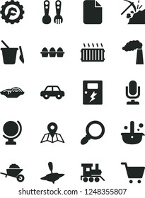 Solid Black Vector Icon Set - desktop microphone vector, motor vehicle, children's sand set, plastic fork spoons, baby toy train, small yule, garden trolley, star gear, dangers, map, globe, file