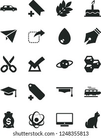 Solid Black Vector Icon Set - scissors vector, add bookmark, label, cake, drop, screen, move right, honeycombs, atom, graduate hat, saturn, biology, ink pen, confirm, money bag, paper plane, train