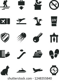 Solid Black Vector Icon Set - plane vector, backpacker, escalator, security gate, passort control, ticket, getting baggage, departure, hotel, uv cream, palm tree, pets, key, shield, no smoking sign