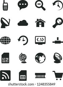 Solid Black Vector Icon Set - house vector, zoom out, rss feed, speech, satellite dish, SIM card, magnifying glass, globe, mobile phone, radiator fan, connect, coding, history, cloud, antenna, earth