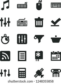 Solid Black Vector Icon Set - calendar vector, keyboard, rss feed, new abacus, dust bin, music, regulator, pan, water filter, calculator, mouse, pc power supply, settings, satellite, stopwatch