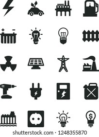 Solid Black Vector Icon Set - lightning vector, drill, dangers, new radiator, gas station, factory, battery, bulb, hydroelectricity, power line, plug, socket, industrial enterprise, canister, light