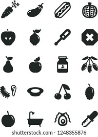 Solid Black Vector Icon Set - mark of injury vector, electronic thermometer e, bath, Hot Dog, a plate milk, jar jam, pear, cherry, half pomegranate, quince, apricot, tasty apple, mulberry, plum