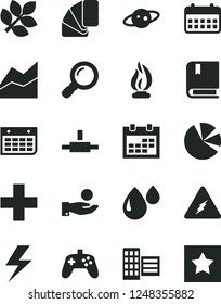 Solid Black Vector Icon Set - lightning vector, calendar, plus, line chart, e, sample of colour, city block, drop, catch a coin, pie charts, wall, connect, magnifier, joystick, electricity, flame