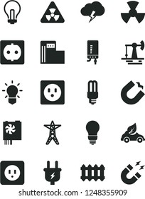 Solid Black Vector Icon Set - incandescent lamp vector, bulb, power socket type b, new radiator, electronic boiler, storm cloud, working oil derrick, modern gas station, line, plug, mercury light
