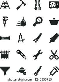 Solid Black Vector Icon Set - scissors vector, iron fork spoons, big core, garden trolley, hand saw, arm, ladder, construction level, stationery knife, hammer with claw, cloth industry, caliper, pan