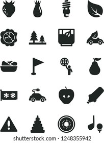 Solid Black Vector Icon Set - warning vector, pennant, stacking toy, lettuce in a plate, glass of tea, squash, tasty apple, strawberry, rose hip, half kiwi, ripe guava, leaf, forest, eco car, golf