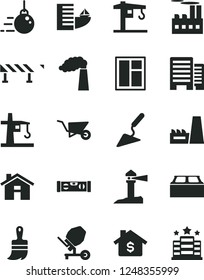 Solid Black Vector Icon Set - house vector, crane, big core, building trolley, trowel, concrete mixer, window, wooden paint brush, level, buildings, block, road fence, manufacture, industrial, tower