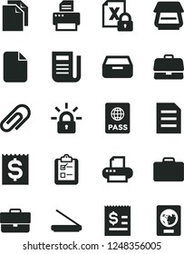 Solid Black Vector Icon Set - clip vector, briefcase, clean paper, passport, drawer, survey, article on the dollar, financial item, newspaper, encrypting, printer, scanner, file, suitcase